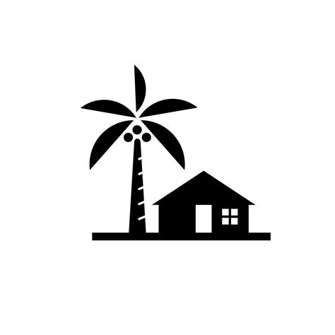 Tropical Beach House With Palm Coconut Tree Icon Simple Vector Logo