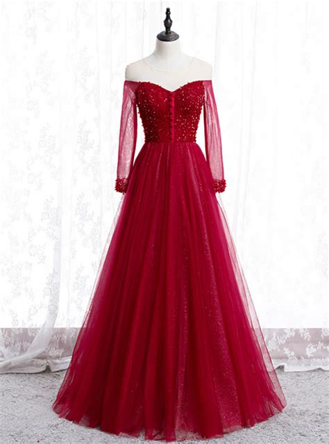 Plus Size Burgundy Long Sleeve Tulle Backless Prom Dress