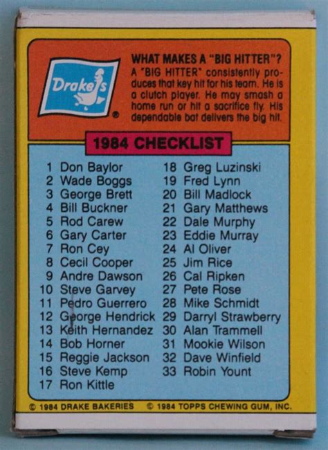 1984 TOPPS DRAKE S BIG HITTERS BASEBALL CARDS 33 CARD FACTORY SET MANY