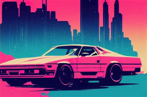 Synth wave car en los años 80 estilo retrowave colores rosa azul coche