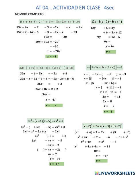 Ecuaciones De Primer Grado Worksheet For Cuarto Secundaria Live Worksheets