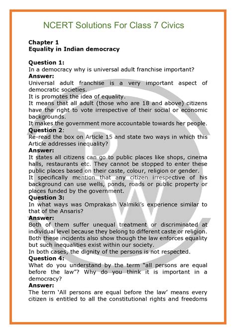 Ncert Solutions For Class Civics Chapter On Equality Pw