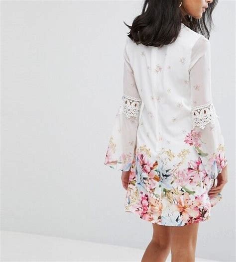 Bnwt Lipsy Long Lace Insert Flared Sleeve Floral Print Skater Dress