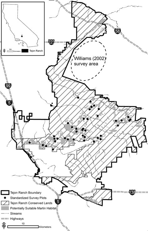 Map of tejon Ranch showing the conserved lands, potentially suitable ...