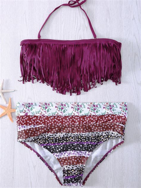 Halter Fringed Floral Printed Bikini Set For Women Bikinis RoseGal