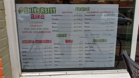 Menu at University Tacos and Burritos restaurant, Birmingham