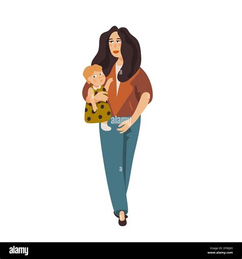 Stylish young Mother holding baby. Fashionable dressed mom walking with ...