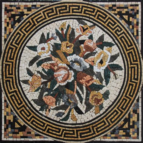 Square Floral Inlay With Round Greek Border Mosaic Mosaic Marble