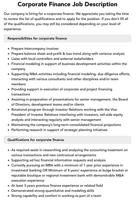 Corporate Finance Job Description Velvet Jobs