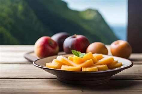 Premium AI Image | a plate of fruit with a mountain in the background.