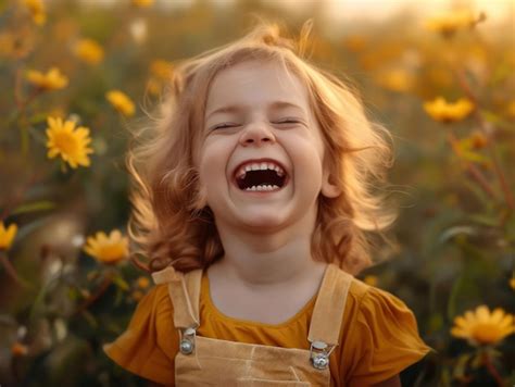 Premium Photo | A little girl laughing in a field of yellow flowers