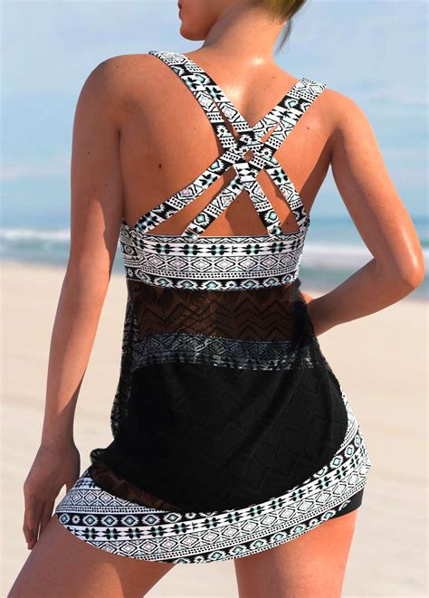 Lace Patchwork Black Tribal Print Swimdress And Shorts