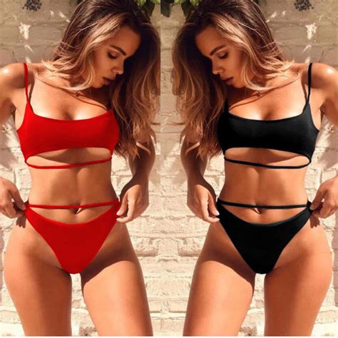 Sexy Conjunto De Biquíni Feminino Sólido Bandagem Biquinis Oco Banho