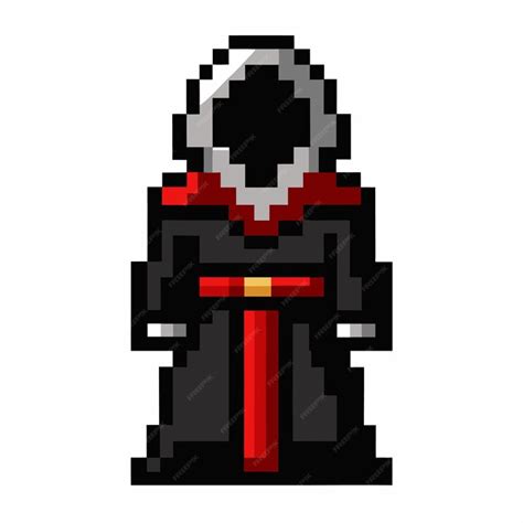 Premium Vector Pixel Art Hooded Figure In Black Robe With Red Trim On