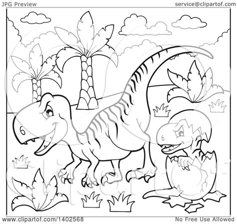 Clipart Of A Black And White Lineart Raptor Dinosaur And Hatching Baby