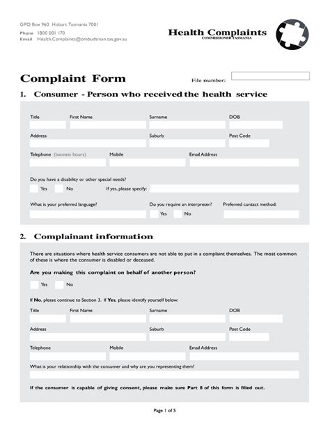 Fillable Online Healthcomplaints Tas Gov Printable Complaint Form