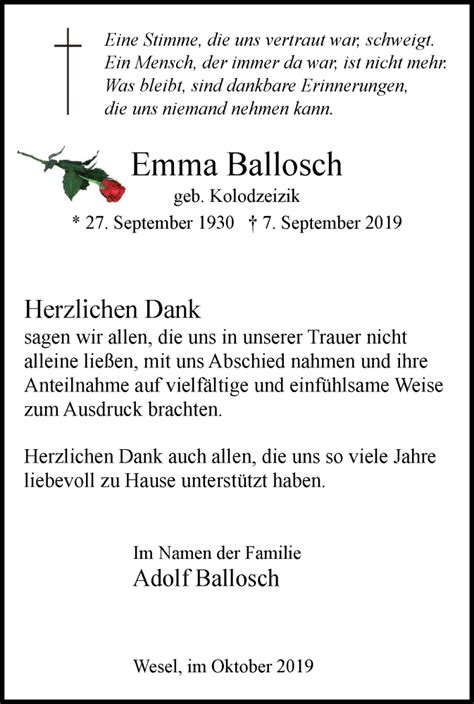 Traueranzeigen Von Emma Ballosch Trauer In Nrw De