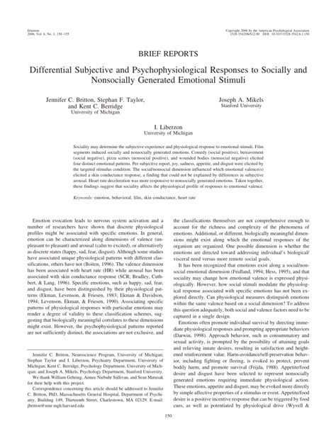 PDF Differential Subjective And Psychophysiological Responses To