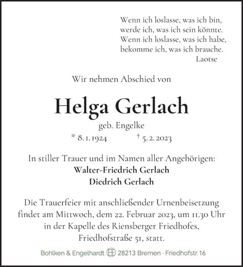 Traueranzeigen Von Helga Gerlach Trauer Gedenken