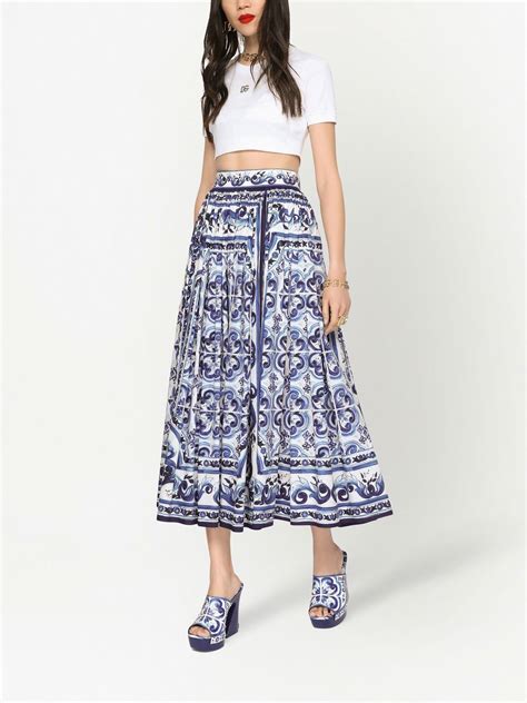 Dolce And Gabbana Majolica Print Pleated Maxi Skirt Blue Farfetch