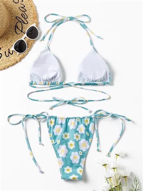 Emmiol Free Shipping 2025 Floral Halter Triangle Bikini Swimsuit Green M In Bikini Sets Online