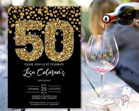 Diy 50th Birthday Confetti Invitation Printable Template Black Gold