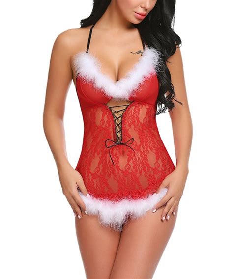 Womens Christmas Lingerie Santa Dress Red Babydolls Lace Chemise Red CW187Q6QHD9
