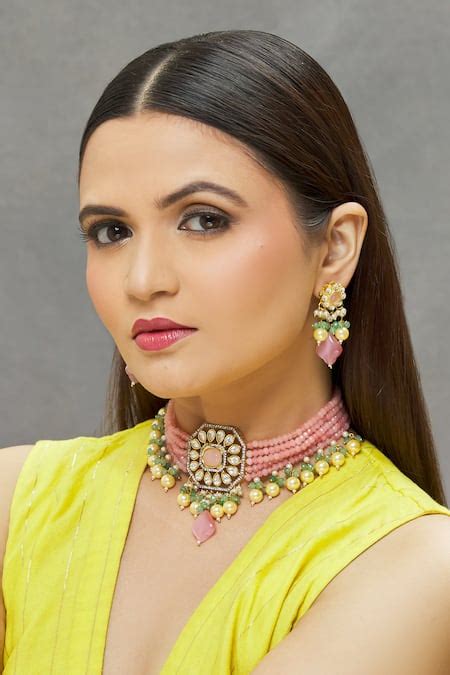 Buy Multi Color Kundan Bead Layered Pendant Choker Set By Saga Jewels