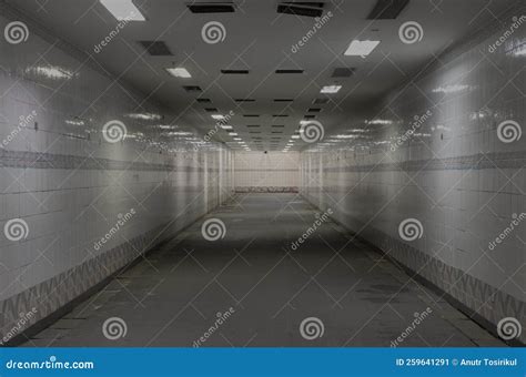 Perspective View Of Ambient Public Underpass With White Tiled Walls And