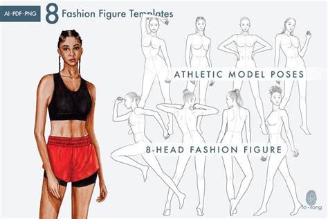 8 Female Fashion Figure Templates - Athletic Model Poses - Croquis Templates For Sportswear ...