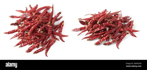 pile of dried red chili or cayenne peppers in different angles, set of ...