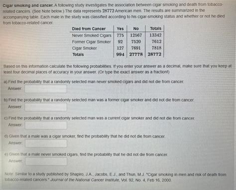 Solved Cigar smoking and cancer. A following study | Chegg.com