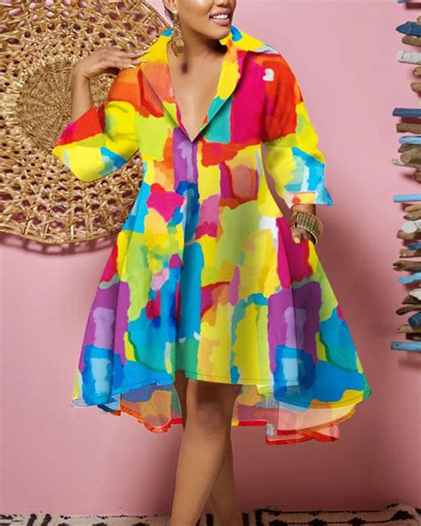 Plus Size Allover Print Flowy Shirt Dress