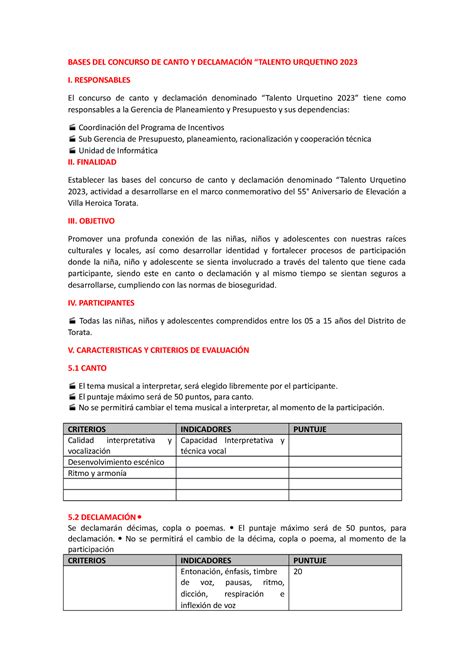 Bases DEL Concurso DE Canto Y Declamación BASES DEL CONCURSO DE CANTO