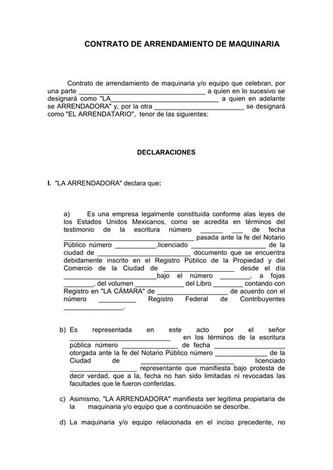 Contrato De Arrendamiento De Maquinaria Pesada En Formato Word Porn