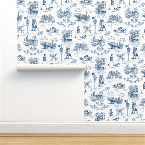 New York Toile De Jouy In Blue Wallpaper Spoonflower Blue Wallpapers