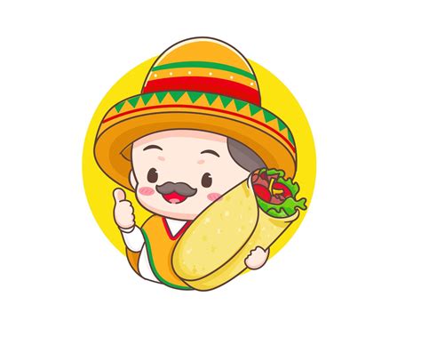 Cute Mexican Chef With Sombrero Hat Cartoon Character Burrito Icon