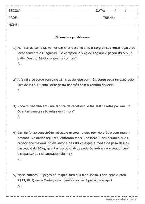 Problemas De Multiplicação E Divisão 5o Ano Com Gabarito Edukita