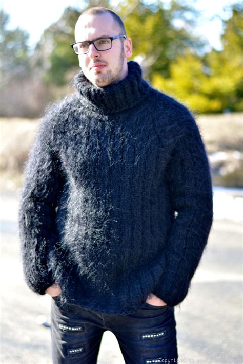 Casual Mens Mohair Sweater Hand Knitted Tneck Pullover In Black Tm53