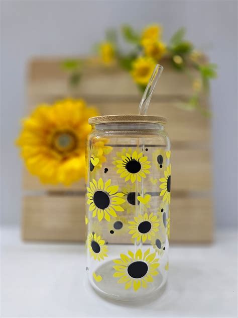 Sunflower Glass Can Cup Sunflower Sunshine Flower Lover Boho Chic Cup