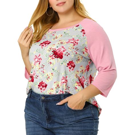 Unique Bargains Womens Plus Size Floral Scoop Neck 3 4 Raglan