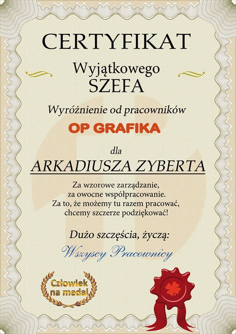 Certyfikat Wyjątkowego szefa prezent podziękowanie dla szefa