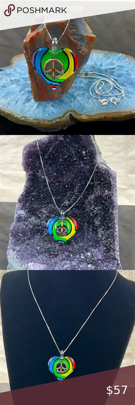 Glass Baron Glass Art Rainbow Heart Shaped Peace Sign Necklace