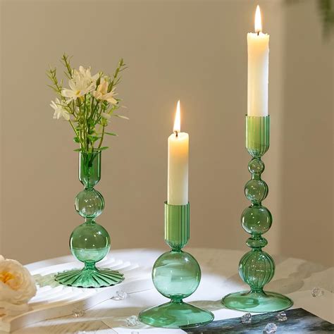 Hewory Glass Candlestick Holders Set 3pcs Green Candle Holder Taper Candle Holders