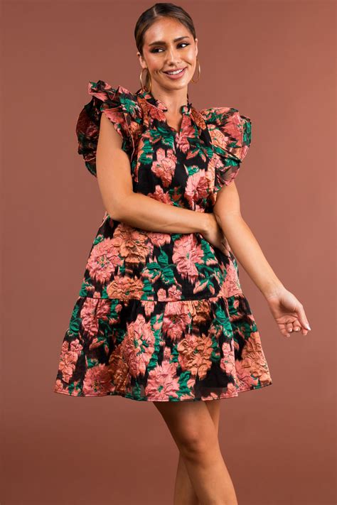 Apricot Floral Print Flutter Sleeve Short Dress Lime Lush Boutique