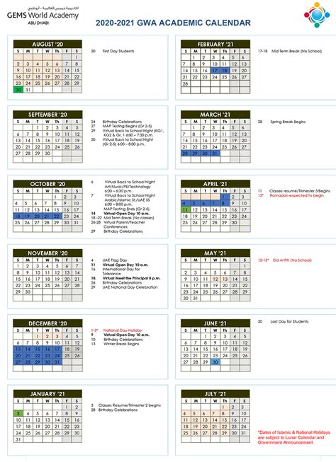 Academic Calendar at WAA