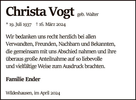 Traueranzeigen Von Christa Vogt Trauer Kreiszeitung De