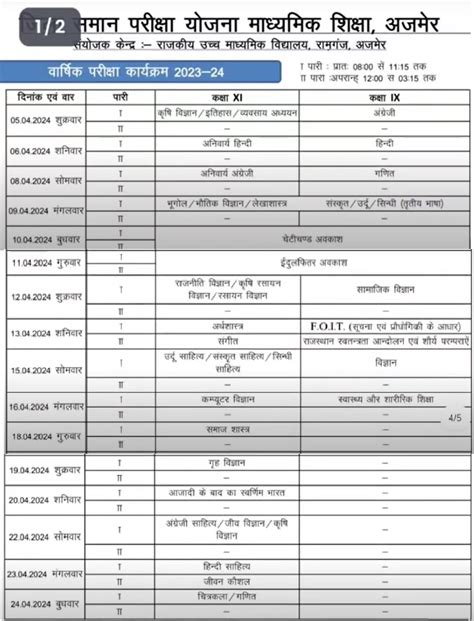 Rbse 11th Time Table 2024 राजस्थान 11वीं टाइम टेबल District Wise