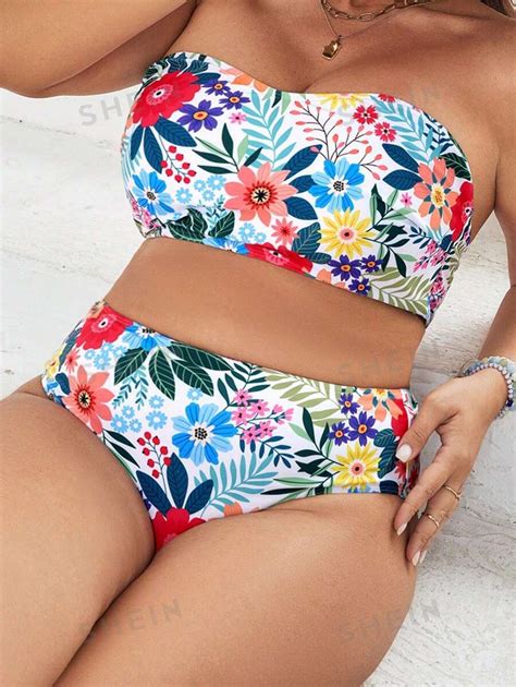 SHEIN Swim Mod Plus Tropical Print Bandeau Bikini Swimsuit SHEIN UK