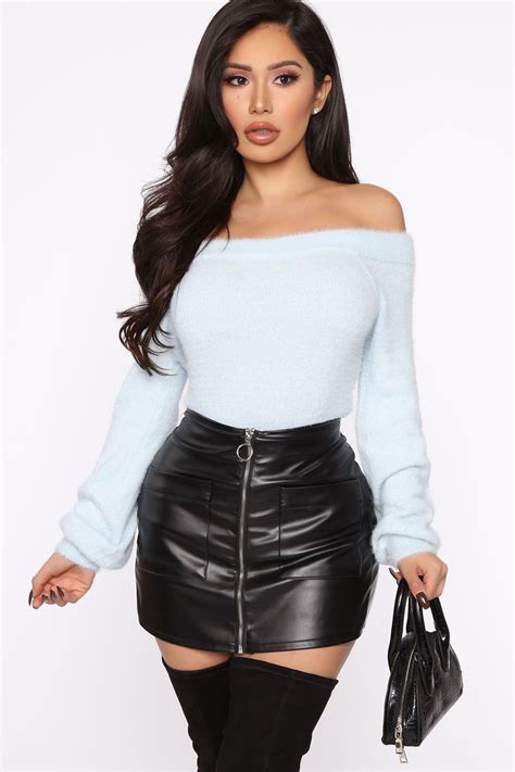 Cozy Nights Fuzzy Off The Shoulder Sweater Blue Fashion Nova